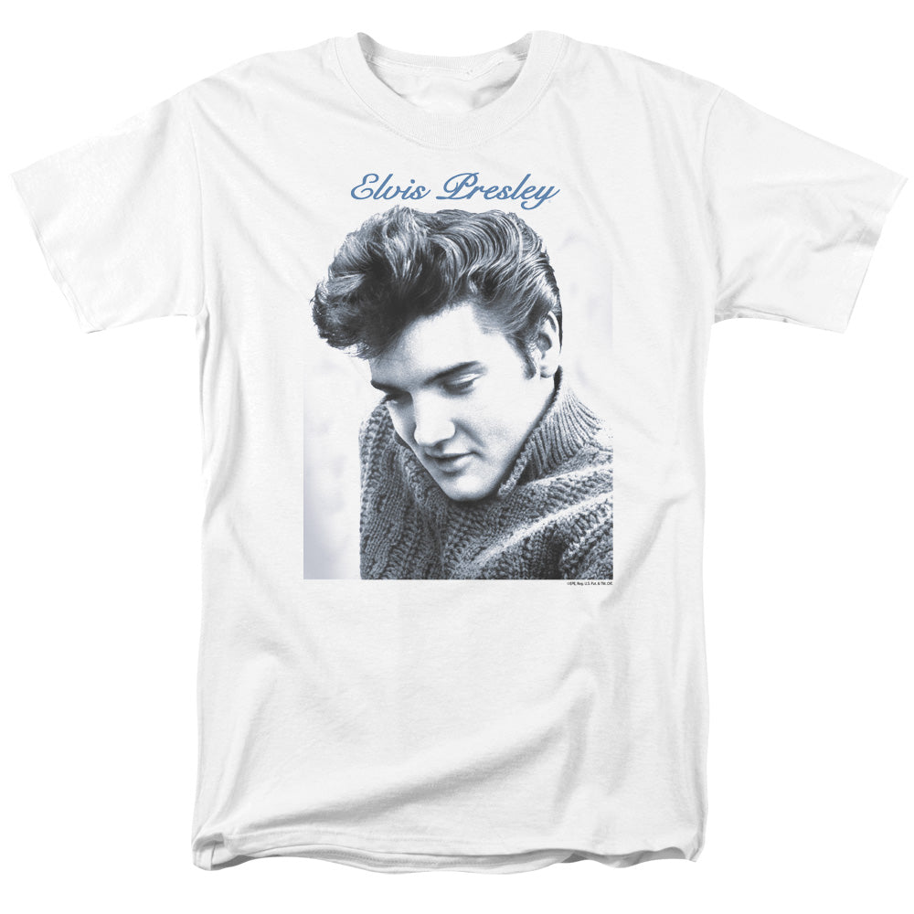 AN OFFCIALLY LICENSED ELVIS PRESLEY SCRIPT SWEATER MEN'S REGULAR FIT T-SHIRT WHITE