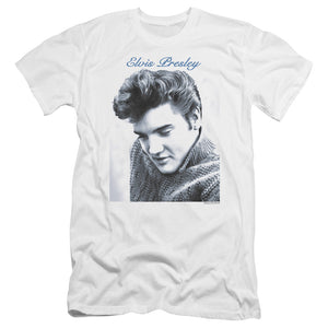 AN OFFCIALLY LICENSED ELVIS PRESLEY SCRIPT SWEATER MEN'S PREMIUM SLIM FIT T-SHIRT WHITE