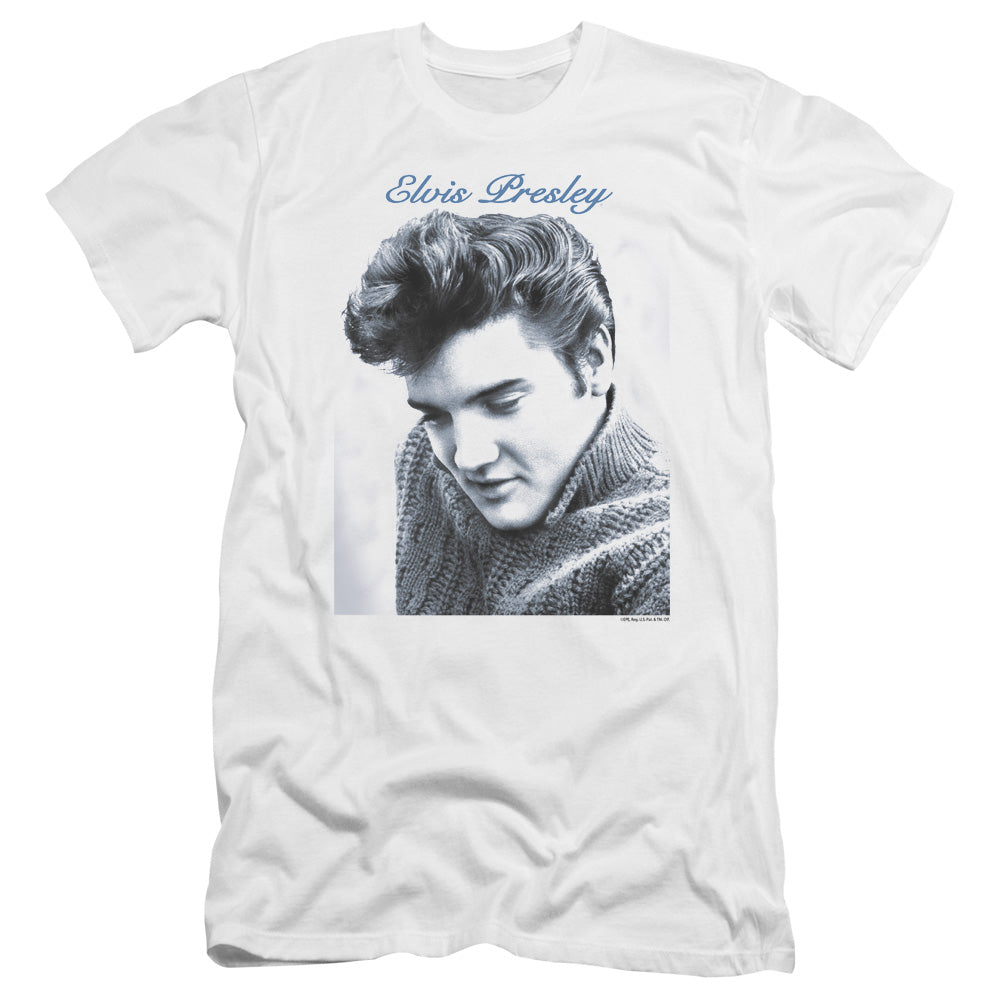 AN OFFCIALLY LICENSED ELVIS PRESLEY SCRIPT SWEATER MEN'S PREMIUM SLIM FIT T-SHIRT WHITE