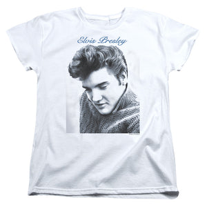 AN OFFCIALLY LICENSED ELVIS PRESLEY SCRIPT SWEATER WOMEN'S REGULAR FIT T-SHIRT WHITE
