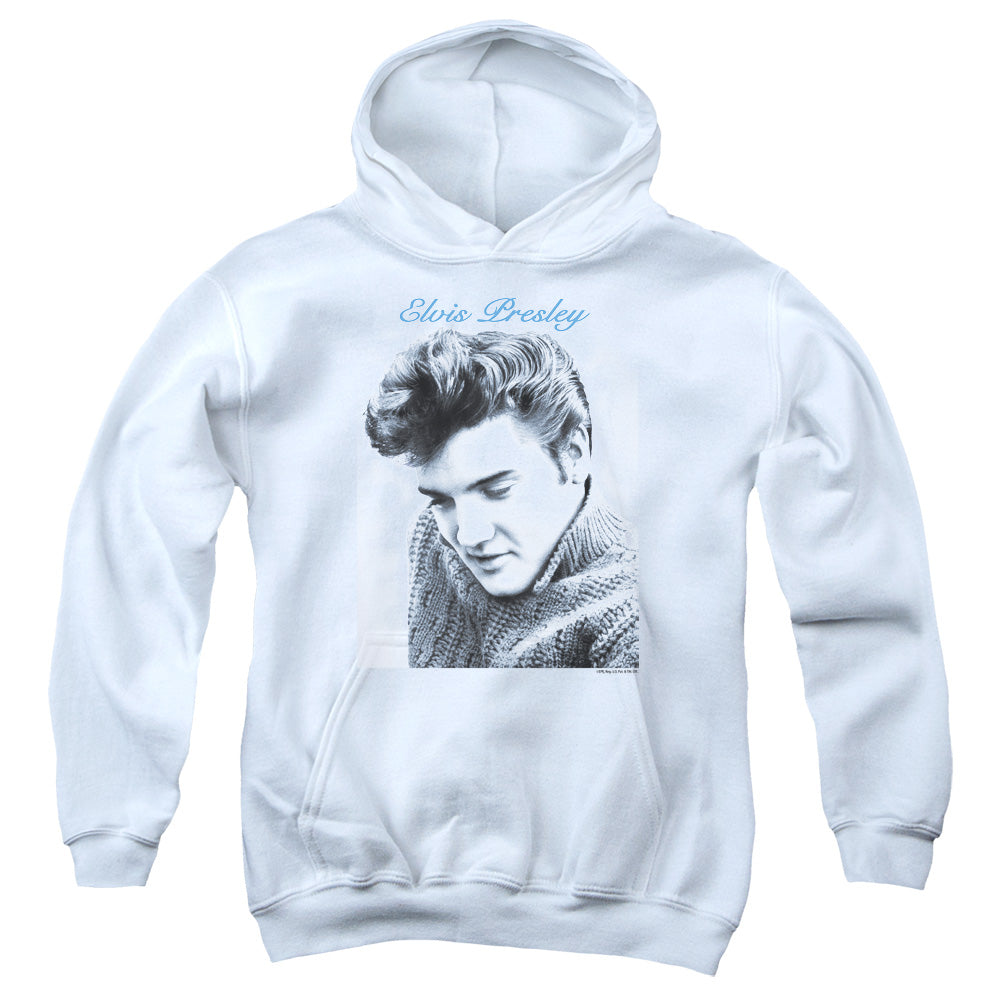 AN OFFCIALLY LICENSED ELVIS PRESLEY SCRIPT SWEATER YOUTH HOODIE WHITE