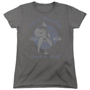 AN OFFCIALLY LICENSED ELVIS PRESLEY ROCK & ROLL WOMEN'S REGULAR FIT T-SHIRT CHARCOAL
