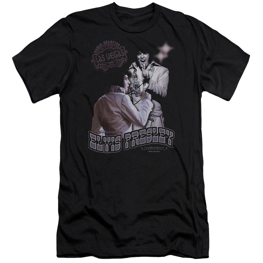 AN OFFCIALLY LICENSED ELVIS PRESLEY VIOLET VEGAS MEN'S PREMIUM SLIM FIT T-SHIRT BLACK