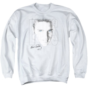 AN OFFCIALLY LICENSED ELVIS PRESLEY BLUE EYES ADULT UNISEX CREWNECK SWEATSHIRT WHITE