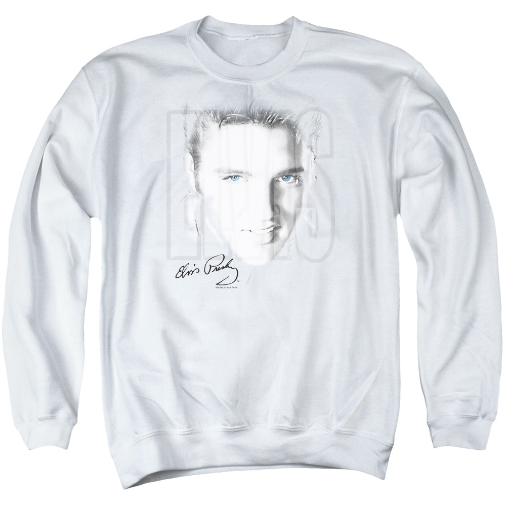 AN OFFCIALLY LICENSED ELVIS PRESLEY BLUE EYES ADULT UNISEX CREWNECK SWEATSHIRT WHITE