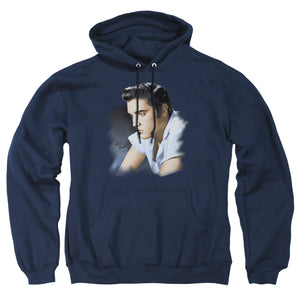 AN OFFCIALLY LICENSED ELVIS PRESLEY BLUE PROFILE ADULT UNISEX PULLOVER HOODIE NAVY