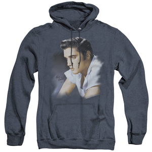 AN OFFCIALLY LICENSED ELVIS PRESLEY BLUE PROFILE ADULT UNISEX HEATHER PULLOVER HOODIE NAVY