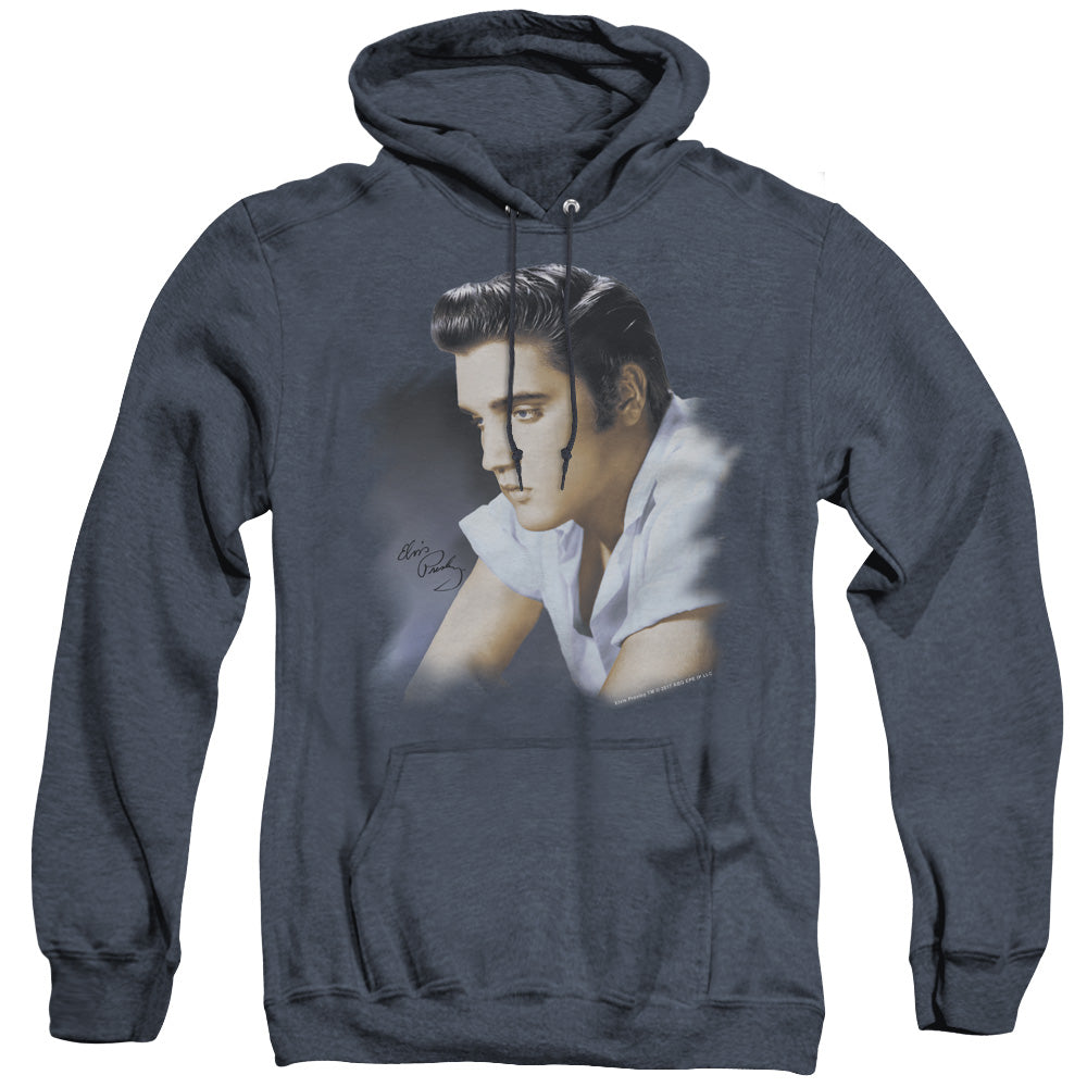 AN OFFCIALLY LICENSED ELVIS PRESLEY BLUE PROFILE ADULT UNISEX HEATHER PULLOVER HOODIE NAVY