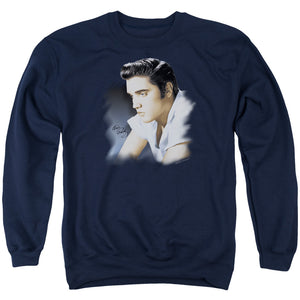 AN OFFCIALLY LICENSED ELVIS PRESLEY BLUE PROFILE ADULT UNISEX CREWNECK SWEATSHIRT NAVY
