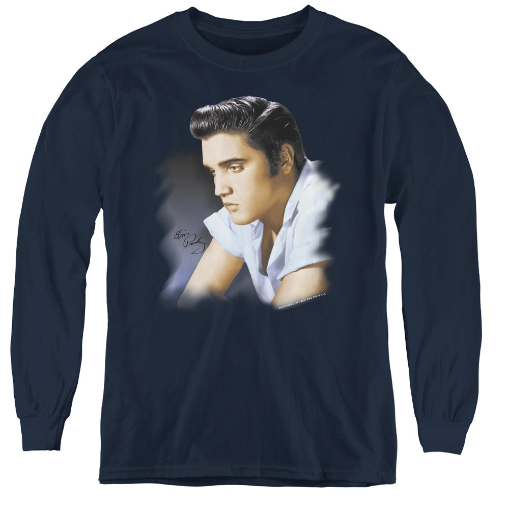 AN OFFCIALLY LICENSED ELVIS PRESLEY BLUE PROFILE YOUTH LONG SLEEVE T-SHIRT NAVY