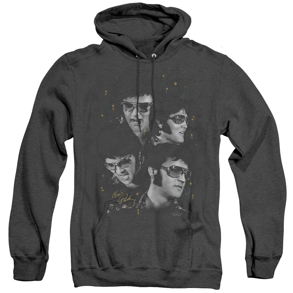 AN OFFCIALLY LICENSED ELVIS PRESLEY FACES ADULT UNISEX HEATHER PULLOVER HOODIE BLACK