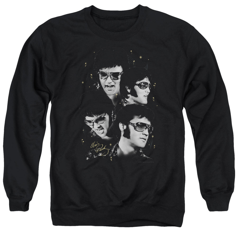 AN OFFCIALLY LICENSED ELVIS PRESLEY FACES ADULT UNISEX CREWNECK SWEATSHIRT BLACK