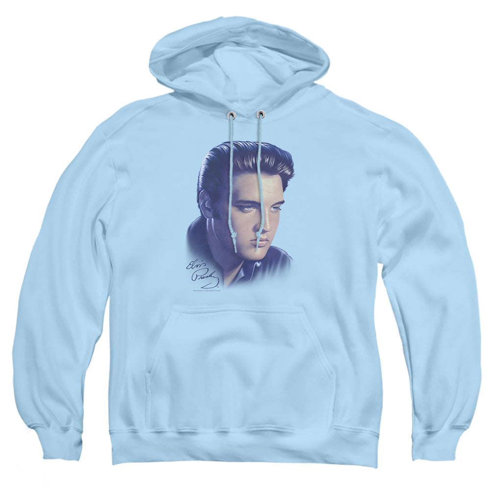 AN OFFCIALLY LICENSED ELVIS PRESLEY BIG PORTRAIT ADULT UNISEX PULLOVER HOODIE LIGHT BLUE