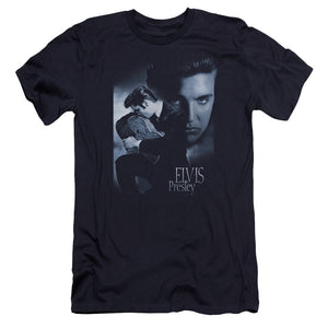 AN OFFCIALLY LICENSED ELVIS PRESLEY REVERENT MEN'S PREMIUM SLIM FIT T-SHIRT NAVY