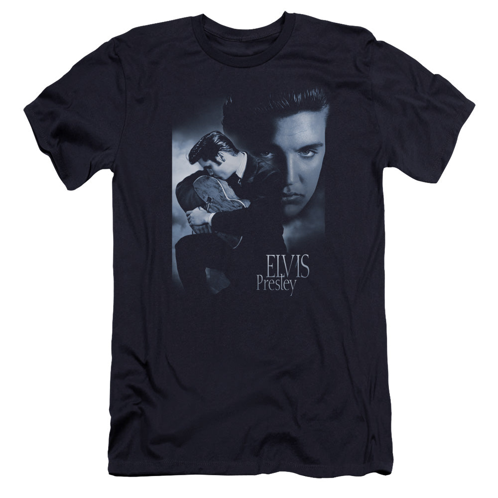 AN OFFCIALLY LICENSED ELVIS PRESLEY REVERENT MEN'S PREMIUM SLIM FIT T-SHIRT NAVY