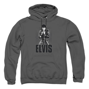 AN OFFCIALLY LICENSED ELVIS PRESLEY LEATHER ADULT UNISEX PULLOVER HOODIE CHARCOAL