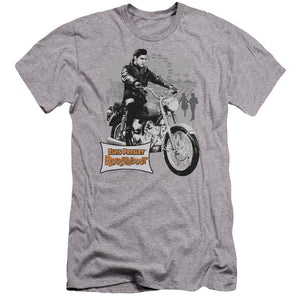 AN OFFCIALLY LICENSED ELVIS PRESLEY ROUSTABOUT POSTER MEN'S PREMIUM SLIM FIT T-SHIRT ATHLETIC HEATHER