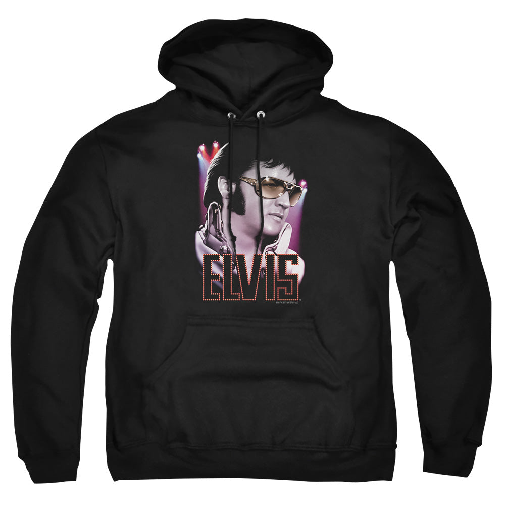 AN OFFCIALLY LICENSED ELVIS PRESLEY 70S STAR ADULT UNISEX PULLOVER HOODIE BLACK