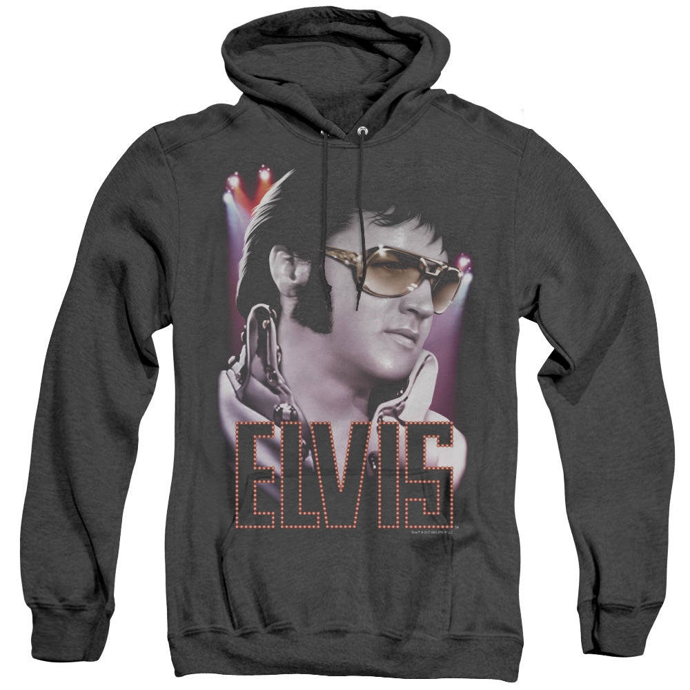 AN OFFCIALLY LICENSED ELVIS PRESLEY 70S STAR ADULT UNISEX HEATHER PULLOVER HOODIE BLACK