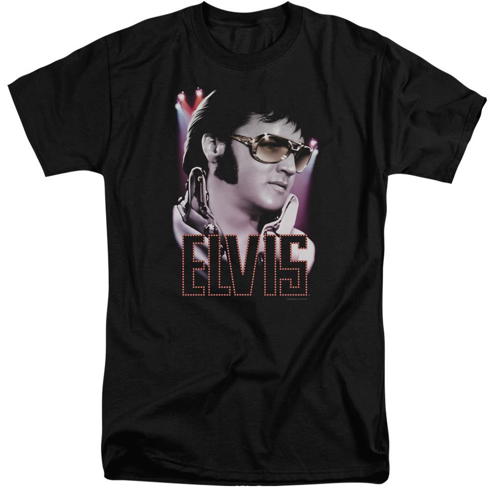 AN OFFCIALLY LICENSED ELVIS PRESLEY 70S STAR MEN'S TALL FIT T-SHIRT BLACK