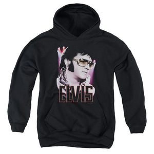 AN OFFCIALLY LICENSED ELVIS PRESLEY 70S STAR YOUTH HOODIE BLACK