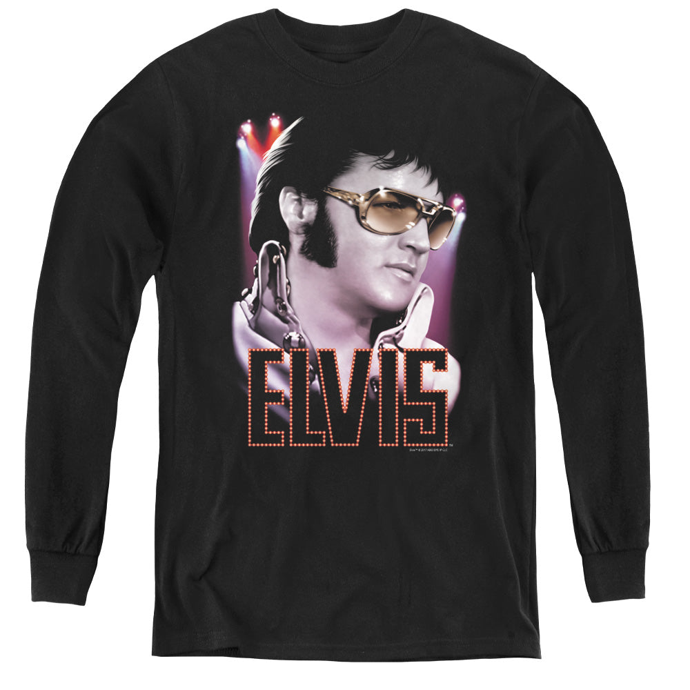 AN OFFCIALLY LICENSED ELVIS PRESLEY 70S STAR YOUTH LONG SLEEVE T-SHIRT BLACK