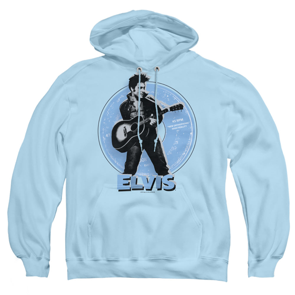 AN OFFCIALLY LICENSED ELVIS PRESLEY 45 RPM ADULT UNISEX PULLOVER HOODIE LIGHT BLUE