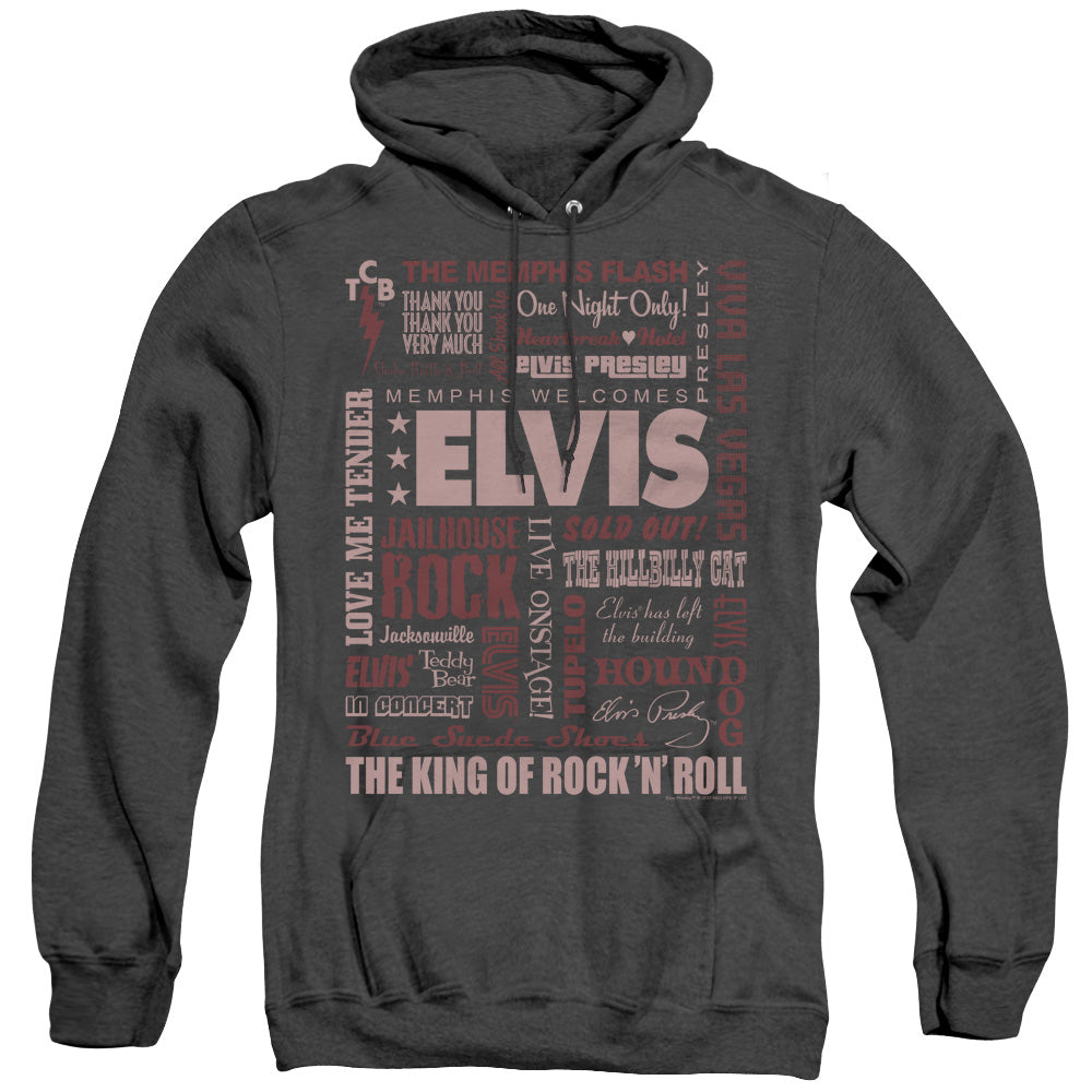 AN OFFCIALLY LICENSED ELVIS PRESLEY WHOLE LOTTA TYPE ADULT UNISEX HEATHER PULLOVER HOODIE BLACK
