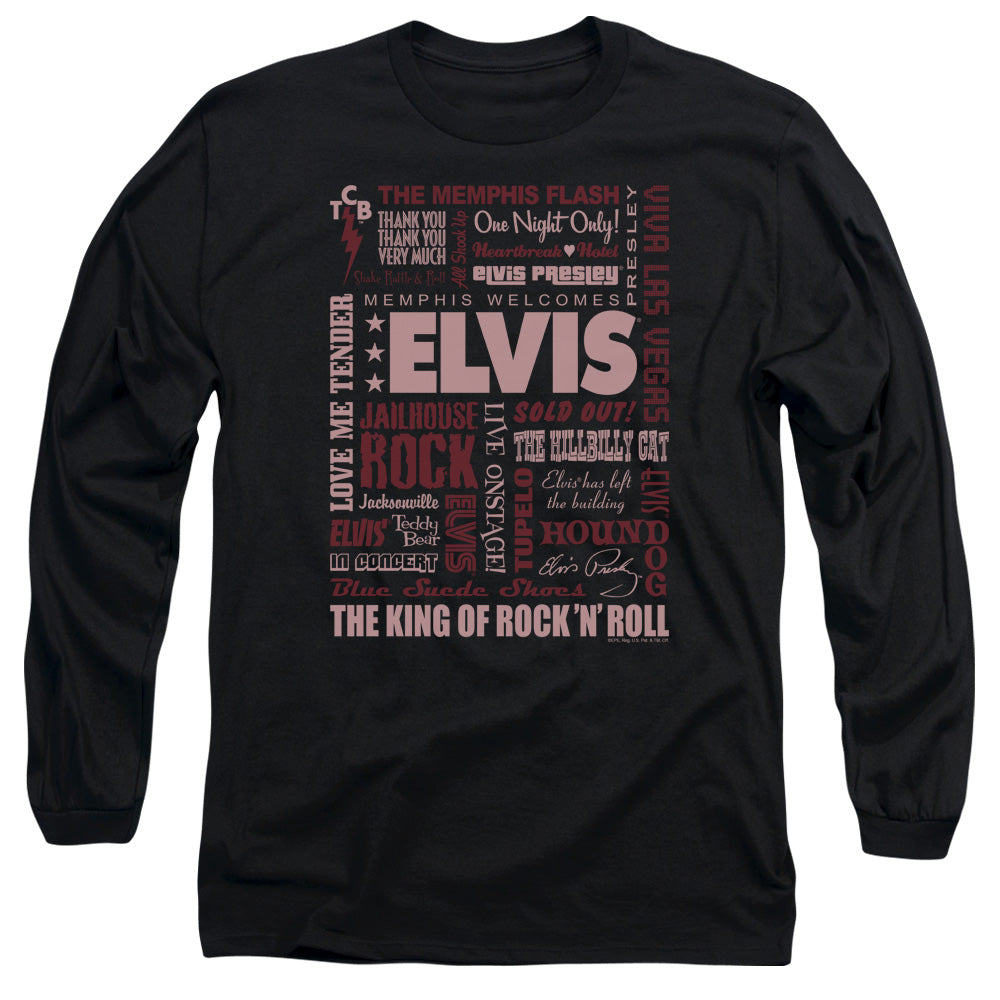 AN OFFCIALLY LICENSED ELVIS PRESLEY WHOLE LOTTA TYPE MEN'S LONG SLEEVE T-SHIRT BLACK