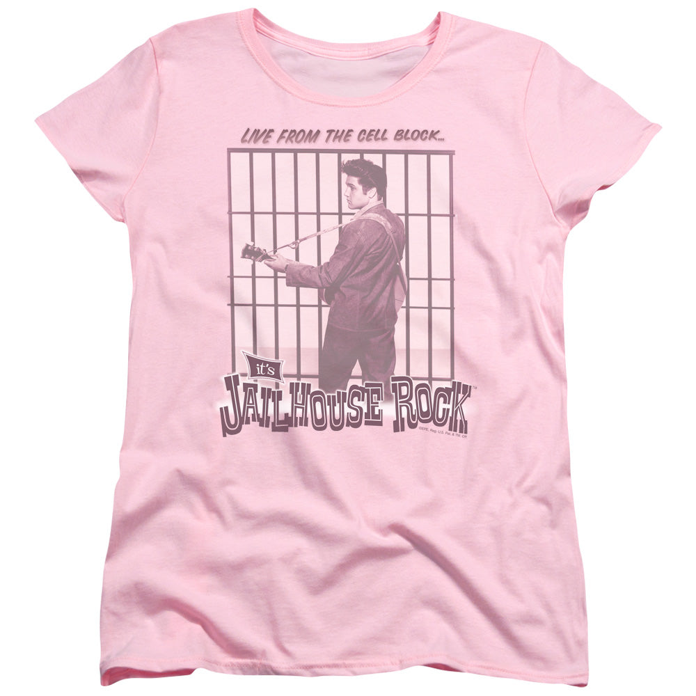 AN OFFCIALLY LICENSED ELVIS PRESLEY CELL BLOCK ROCK WOMEN'S REGULAR FIT T-SHIRT PINK