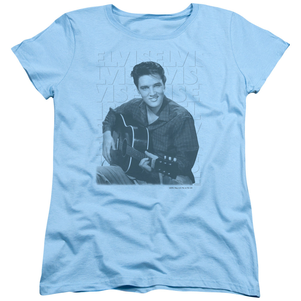 AN OFFCIALLY LICENSED ELVIS PRESLEY REPEAT WOMEN'S REGULAR FIT T-SHIRT LIGHT BLUE