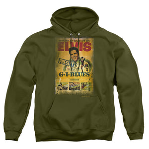 AN OFFCIALLY LICENSED ELVIS PRESLEY GI BLUES POSTER ADULT UNISEX PULLOVER HOODIE MILITARY GREEN