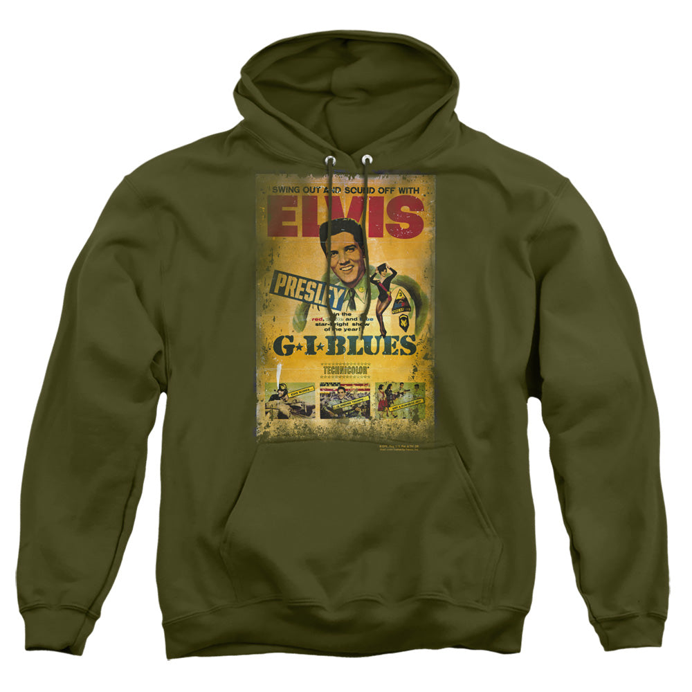 AN OFFCIALLY LICENSED ELVIS PRESLEY GI BLUES POSTER ADULT UNISEX PULLOVER HOODIE MILITARY GREEN