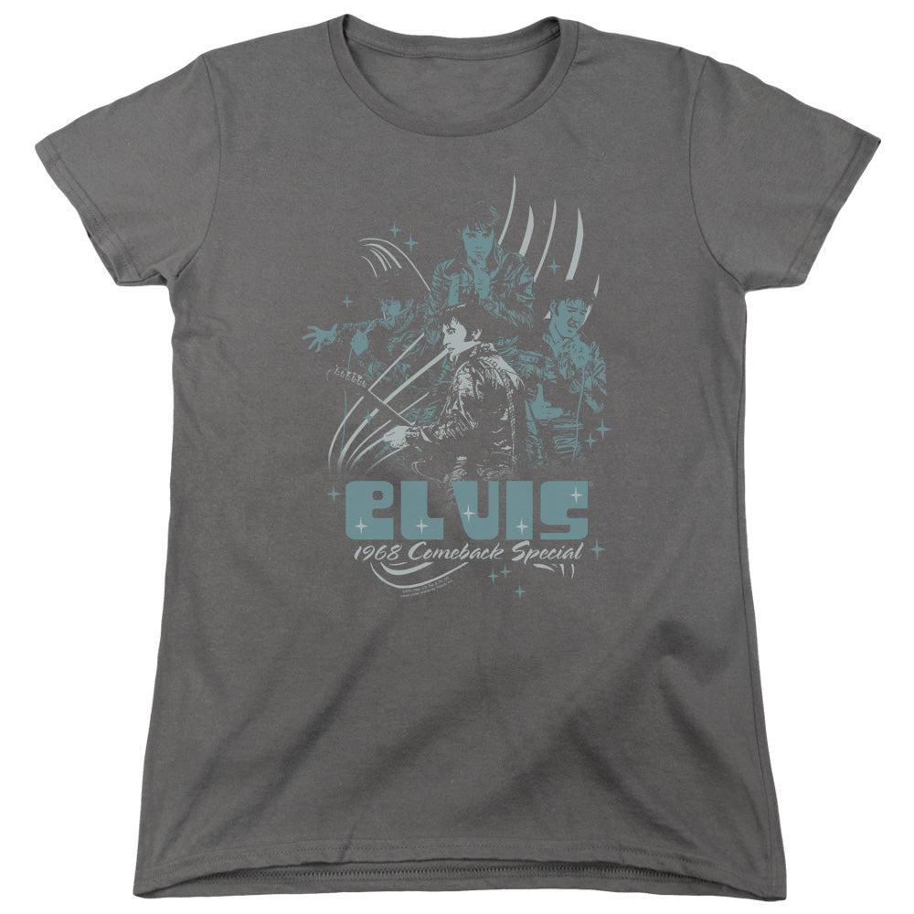 AN OFFCIALLY LICENSED ELVIS PRESLEY 68 LEATHER WOMEN'S REGULAR FIT T-SHIRT CHARCOAL