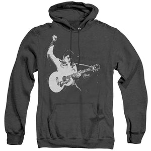 AN OFFCIALLY LICENSED ELVIS PRESLEY BLACK&WHITE GUITARMAN ADULT UNISEX HEATHER PULLOVER HOODIE BLACK