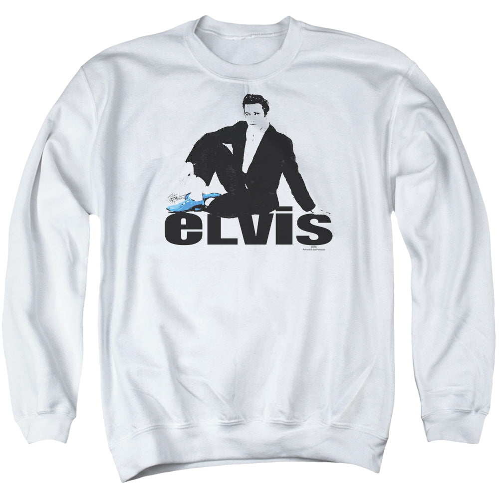 AN OFFCIALLY LICENSED ELVIS PRESLEY BLUE SUEDE ADULT UNISEX CREWNECK SWEATSHIRT WHITE