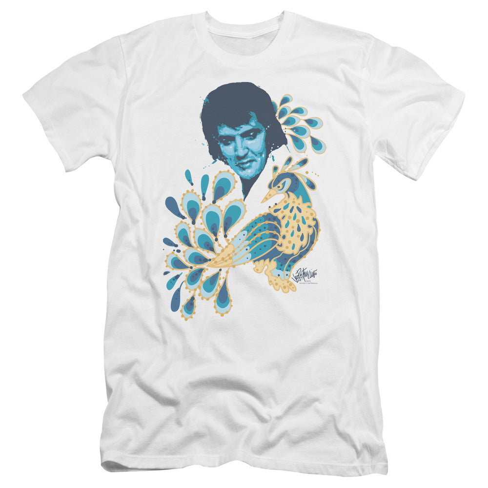 AN OFFCIALLY LICENSED ELVIS PRESLEY PEACOCK MEN'S PREMIUM SLIM FIT T-SHIRT WHITE