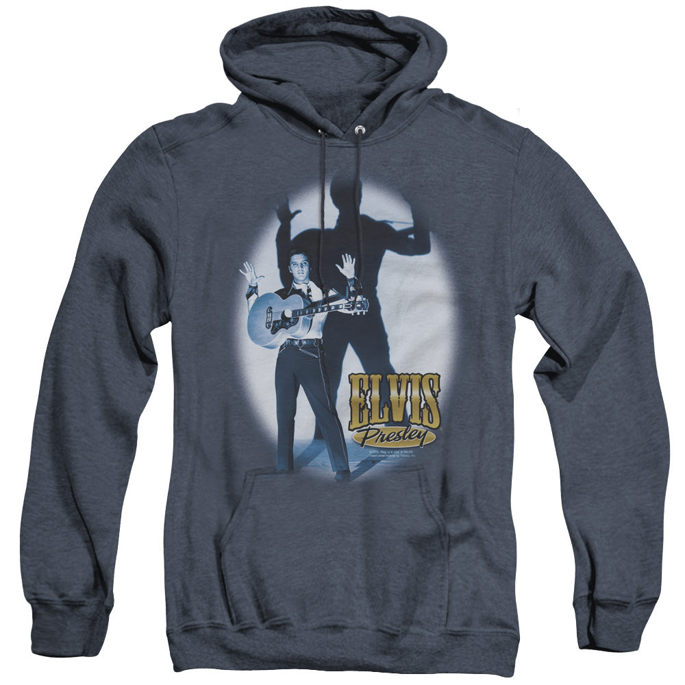 AN OFFCIALLY LICENSED ELVIS PRESLEY HANDS UP ADULT UNISEX HEATHER PULLOVER HOODIE NAVY