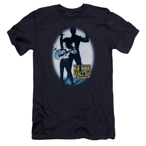 AN OFFCIALLY LICENSED ELVIS PRESLEY HANDS UP MEN'S PREMIUM SLIM FIT T-SHIRT NAVY