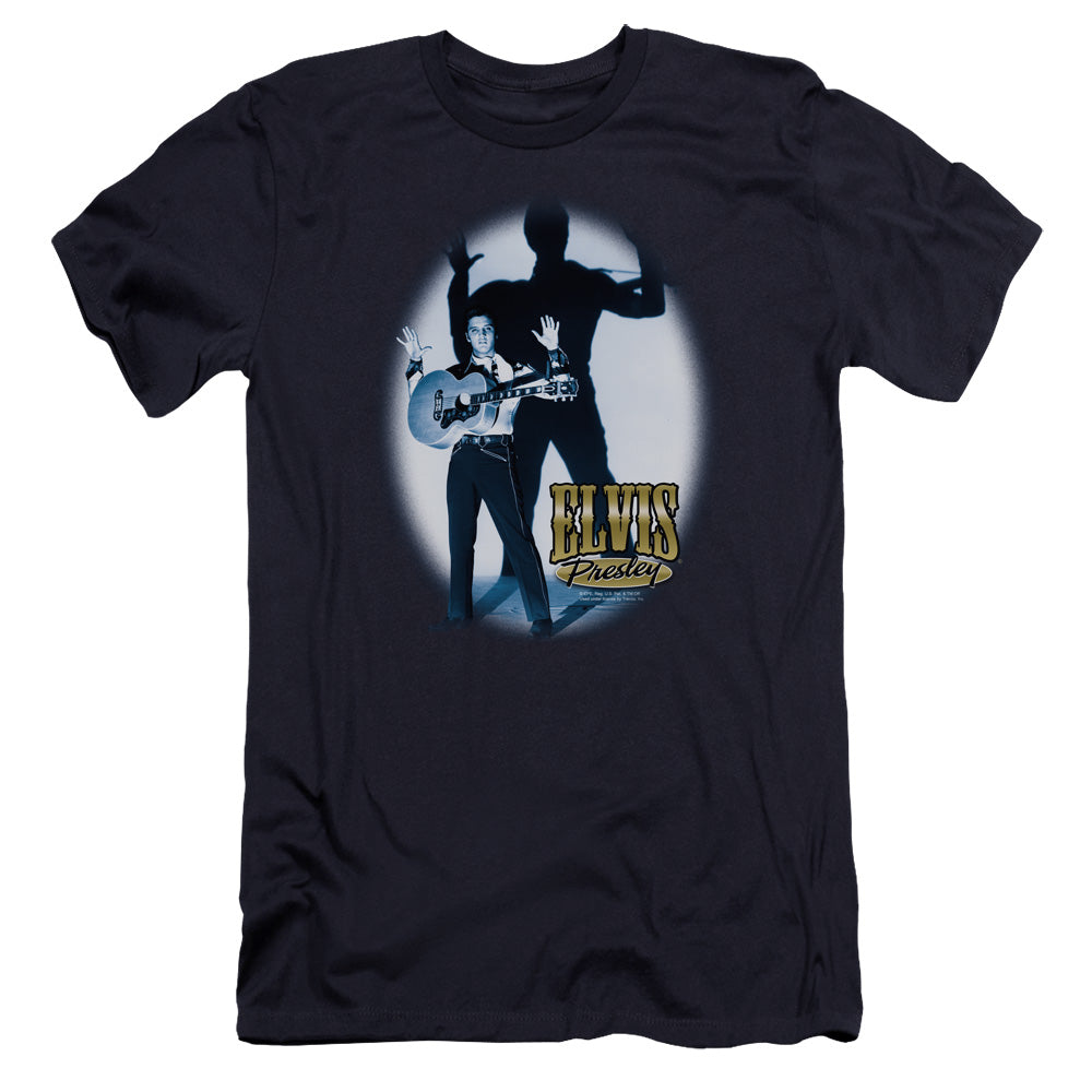 AN OFFCIALLY LICENSED ELVIS PRESLEY HANDS UP MEN'S PREMIUM SLIM FIT T-SHIRT NAVY