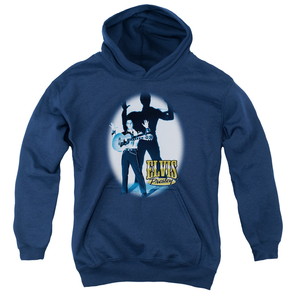 AN OFFCIALLY LICENSED ELVIS PRESLEY HANDS UP YOUTH HOODIE NAVY
