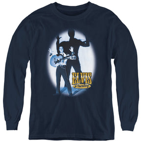 AN OFFCIALLY LICENSED ELVIS PRESLEY HANDS UP YOUTH LONG SLEEVE T-SHIRT NAVY