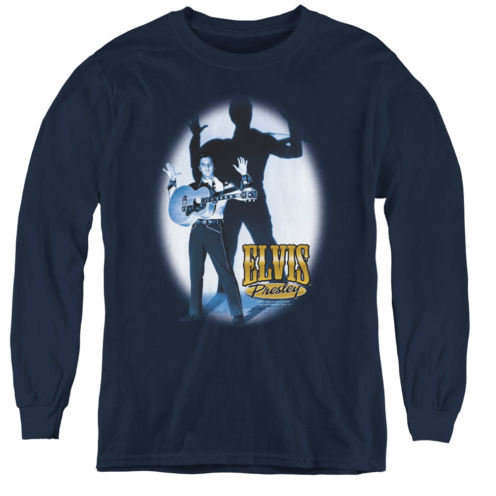 AN OFFCIALLY LICENSED ELVIS PRESLEY HANDS UP YOUTH LONG SLEEVE T-SHIRT NAVY