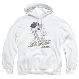 AN OFFCIALLY LICENSED ELVIS PRESLEY ELVIS IS A VERB ADULT UNISEX PULLOVER HOODIE WHITE