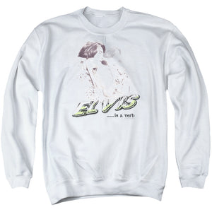 AN OFFCIALLY LICENSED ELVIS PRESLEY ELVIS IS A VERB ADULT UNISEX CREWNECK SWEATSHIRT WHITE