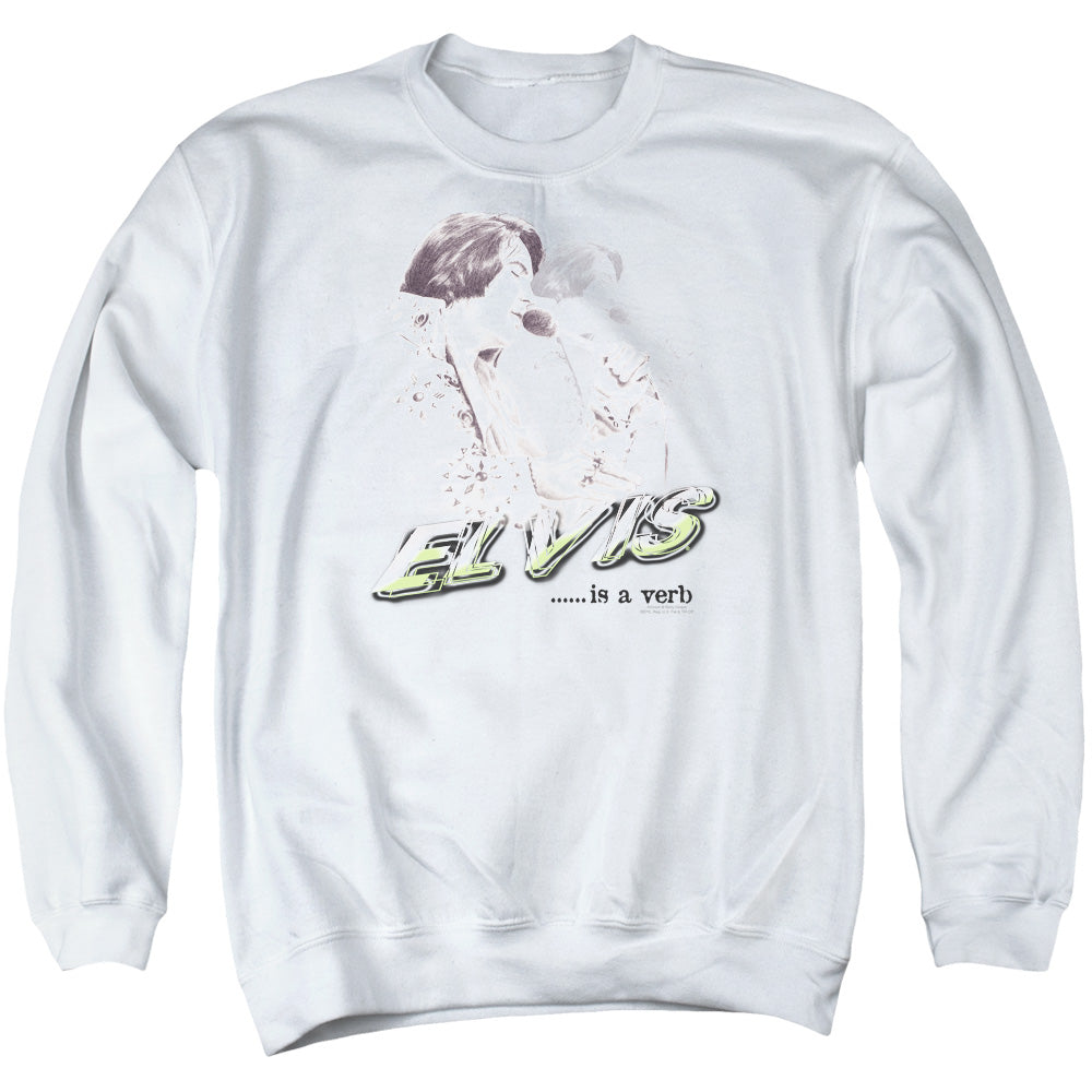 AN OFFCIALLY LICENSED ELVIS PRESLEY ELVIS IS A VERB ADULT UNISEX CREWNECK SWEATSHIRT WHITE