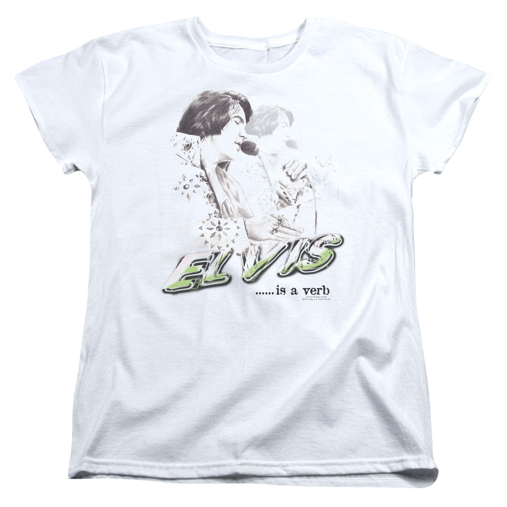 AN OFFCIALLY LICENSED ELVIS PRESLEY ELVIS IS A VERB WOMEN'S REGULAR FIT T-SHIRT WHITE