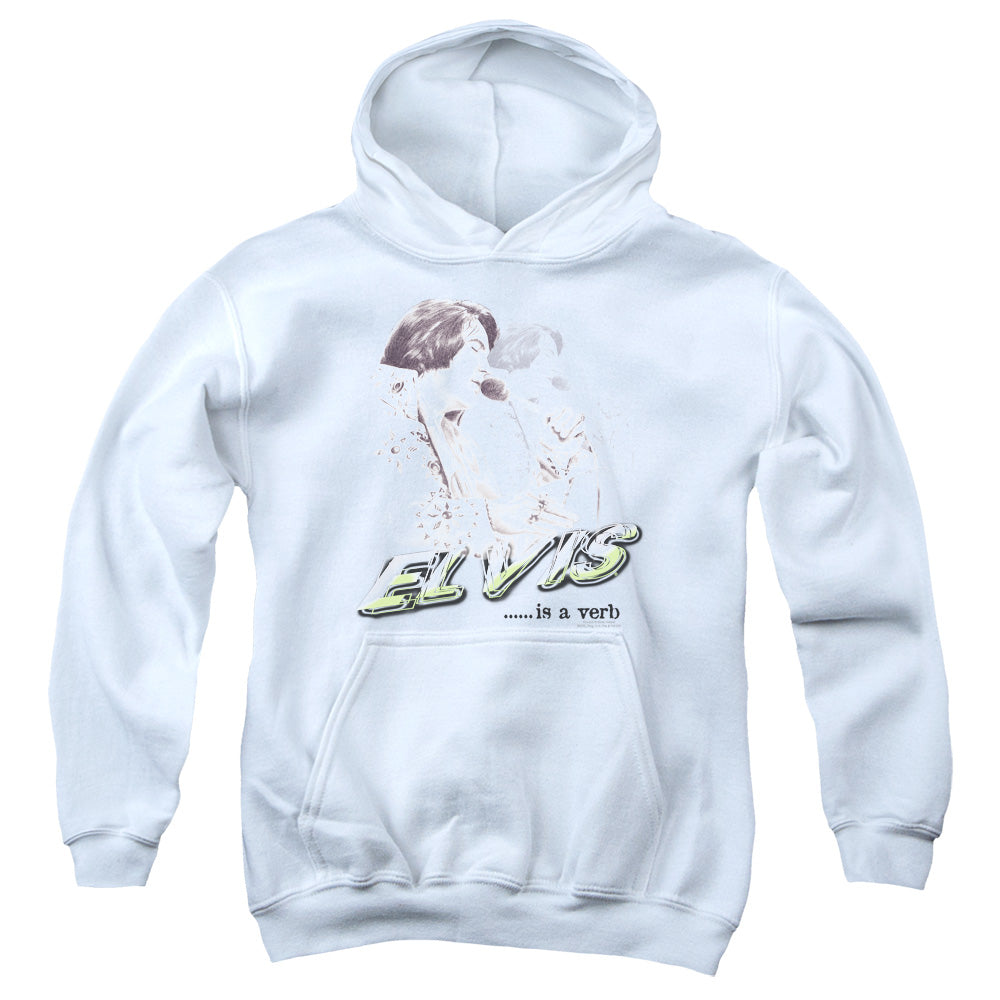 AN OFFCIALLY LICENSED ELVIS PRESLEY ELVIS IS A VERB YOUTH HOODIE WHITE