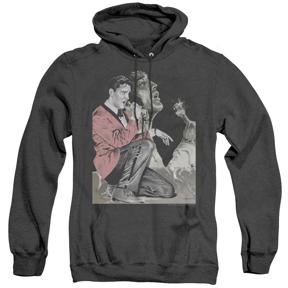 AN OFFCIALLY LICENSED ELVIS PRESLEY ROCK N ROLL SMOKE ADULT UNISEX HEATHER PULLOVER HOODIE BLACK