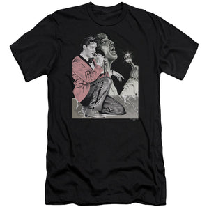 AN OFFCIALLY LICENSED ELVIS PRESLEY ROCK N ROLL SMOKE MEN'S PREMIUM SLIM FIT T-SHIRT BLACK